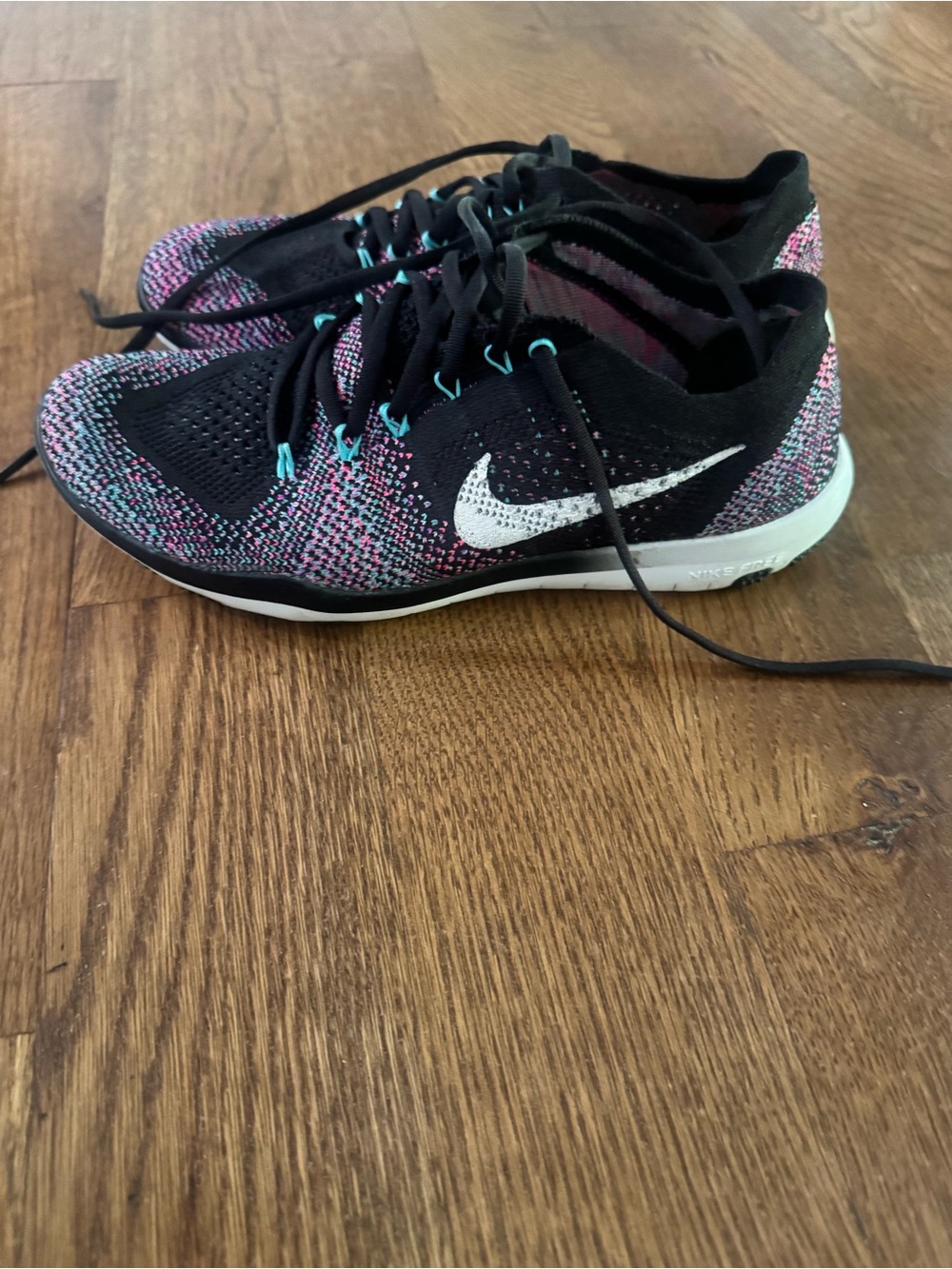 Nike Women's Flyknit Running Shoes - Black with Pink & Teal Highlights